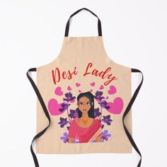 a personalized apron with an image of a woman in pink and purple flowers on it