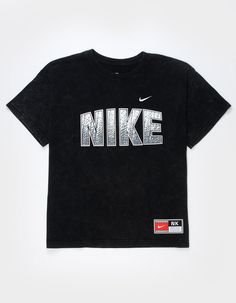 Nike Sportswear Tee. Graphic Screened On Front. Garment Dyed For A Washed, Distressed Look. Embroidered Logo At Left Chest. Loose Fit. Crew Neck. Short Sleeve. 100% Cotton. Machine Wash. Imported. | Nike Sportswear Boys Tee Sports Cotton T-shirt With Embroidered Graphics, Athleisure Tops With Embroidered Logo For Sports, Sports Cotton Tops With Embroidered Logo, Nike Crew Neck Top With Embroidered Logo, Nike Sporty Tops With Embroidered Logo, Sporty T-shirt With Embroidered Graphics And Relaxed Fit, Sporty Relaxed Fit T-shirt With Embroidered Graphics, Sporty Acid Wash Cotton Top, Sporty Black Washed Top