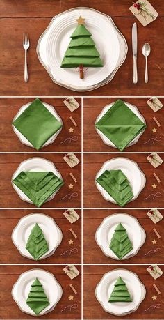 the table is set with green napkins and place settings for christmas dinner party decorations