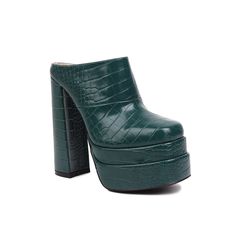 Introducing our new green mule heels! These unique shoes are perfect for any occasion. whether you're dressing up for a night out or keeping it casual for a day at the office. With a block heel and platform design. these shoes are both stylish and comfortable. Plus. the green color is perfect for adding a pop of color to any outfit. Upper: Microfiber Lining: Leather Outsole: Rubber Toe: Closed Toe Closure: Slip on Heel: 14.5cm/5.7'' Shaft: 5cm/2'' Color: Gold. Silver. Pink. Green. Beige is_handm Chunky Platform High Heel For Office, Trendy Synthetic Mules With 4-inch Heel, Trendy High Heel Platform Mules, Green Synthetic Platform Slippers With Round Toe, Chic Clogs With 4-inch Block Heel, Party Platform Slippers With Block Heel, Chunky Platform Heels For Office In Spring, Trendy Platform Mules, Trendy High Heel Clogs For Party