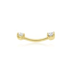 Fanfare everywhere! Our glamorous 14k solid gold Empress Curved Gem Barbell catches the light perfectly thanks to two stunning 3mm, forward facing genuine Swarovski cubic zirconia stones, securely set in beautifully polished prong settings on an internally threaded curved barbell. Available in 14k Yellow, Rose and White gold. Gauge: 16g (1.2mm), Length: 5/16" (8mm). The Empress Curved Gem Barbell is a stand alone knockout or a welcome addition to any curation. The second photo was taken by @thre Classic Piercings With Diamond Accents In Cubic Zirconia, Classic Piercings With Diamond Accents And Cubic Zirconia, Elegant Yellow Gold Cubic Zirconia Piercings, Anniversary Yellow Gold Piercings With Diamond Accents, Classic Gold Piercing With Single Diamond, Classic Gold Piercings With Single Diamond, Elegant Gold Piercings With Prong Setting, Elegant Yellow Gold Diamond Piercings, Elegant 14k Gold Piercings With Prong Setting