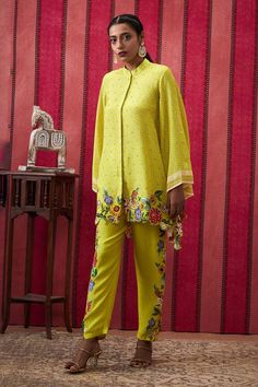 Yellow bell sleeves front open asymmetric hem top with bahar print, floral applique and sequin embellishments detailing. Paired with a matching straight pant. - Aza Fashions Festive Spring Sets With Printed Motifs, Designer Long Sleeve Pant Set With Printed Motifs, Spring Festive Palazzo Set With Set-in Sleeves, Spring Designer Sets With Printed Motifs, Designer Spring Sets With Printed Motifs, Chic Festive Palazzo Set For Spring, Festive Chic Spring Palazzo Set, Designer Long Sleeve Pant Set For Spring, Festive Spring Palazzo Set With Set-in Sleeves