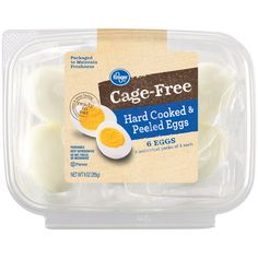 an egg in a plastic container with the label cage - free hard cooked and peeled eggs