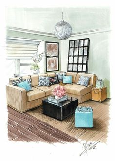 a drawing of a living room with couches, coffee table and ottoman in it