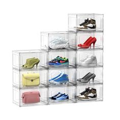 six clear acrylic bins with different shoes and purses in each one