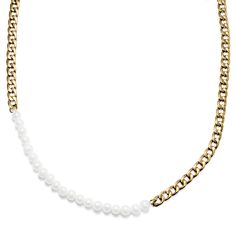 Blending in is overrated. With this men’s necklace, you have full permission to go bold. Crafted from gold-tone stainless steel links that won’t rust or tarnish and finished with white pearls for a look that won’t go unnoticed. Designed to wear solo or layered for a true style upgrade. Closes securely with an easy-to-open lobster clasp. Signature gift box and storage pouch included. Chain Pearl Necklace, Curb Chain Necklace, Jewelry For Men, Style Upgrade, Personalized Accessories, Curb Chain, White Pearl, Accessories Jewelry, Lobster Claw