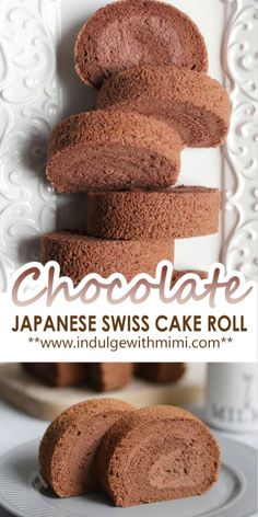 chocolate japanese swiss cake roll is stacked on top of each other with text overlay