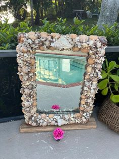 a mirror sitting on top of a table next to a potted plant in front of a swimming pool