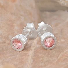 Silver Birthstone Pink Tourmaline Stud Earrings - Simple, elegant and full of class, these sterling silver solitaire earrings feature hand-faceted blush pink Tourmaline gemstones set into gently textured surrounds. #Embersjewellery #Jewellery #Valentine #Valentinesday #PersonalisedGift #ForHer Simple Stud Earrings, Solitaire Earrings, Ear Hair