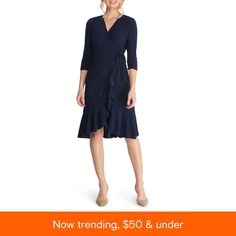 in stock Noir Color, Ruffle Wrap Dress, Midi Wrap Dress, Dress With Tie, Guest Dresses, Wedding Guest Dress, Wrap Dress, Knee Length, Length Sleeve