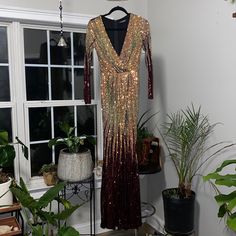 Multicolored Formal Shimmery Dress With Front Split. Never Worn Colorful Dresses Formal, Shimmery Dress, Formal Dress, Colorful Dresses, Split, Womens Sizes, Formal Dresses, Long Sleeve, Red