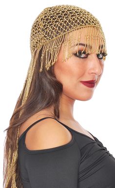 Cleopatra Beaded Belly Dancer Headpiece with Long Fringe - GOLD Gold Teardrop Crown Headband For Parties, Gold Teardrop Crown Headpiece For Festival, Carnival Beaded Adjustable Headpieces, Carnival Adjustable Beaded Headpiece, Gold Costume Hats And Headpieces For Carnival, Gold Crown Headband For Festival, Gold Crown Headpieces For Festival, Gold Headpieces For Costume Party And Carnival, Gold Teardrop Crown Headpiece For Costume Party