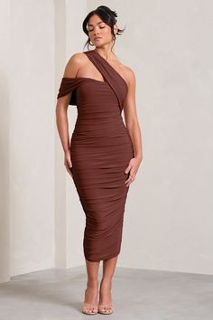 Cici | Brown Asymmetric One Shoulder Ruched Midi Dress Outfit Store, Brown Bodycon Dress, Ruching Dress, Chocolate Brown Dress, Cocktail Midi Dress, Midi Bridesmaid Dress, Chocolate Fashion, Extravagant Wedding, Dance Ideas