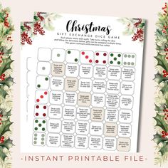 christmas printable game with holly wreaths and red berries