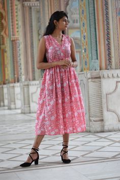 Hand Block Printed dress| Summer Dress| Cotton Dress| Floral print| Handmade| Made in India Block Print Dress, Printed Dress Summer Sleeveless Dress With Printed Motifs, Sleeveless Summer Dress With Printed Motifs, Sleeveless Cotton Dress With Printed Motifs, Printed Sleeveless Cotton Dresses, Spring Vacation Dresses With Printed Motifs, Summer Patterned Dresses With Printed Motifs, Sleeveless Dress With Printed Motifs For Spring, Spring Sleeveless Block Print Dress, Pink V-neck Dresses With Printed Motifs