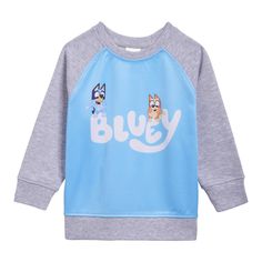 Dress your little one in playful style with this eye-catching Bluey-themed sweatshirt featuring a vibrant all-over print, contrast raglan sleeves, and cozy ribbed waist cuffs. The rib knit crew neck collar and ribbed sleeve cuffs ensure a snug fit while the soft hand screen print adds a touch of whimsy. Complete with pull-on closure and adorable dimensional ears, this top is perfect for fans of the beloved animated series. Playful Long Sleeve Sweatshirt With Character Print, Playful Cartoon Print Sweatshirt For Playwear, Playful Sweatshirt With Cartoon Print For Playwear, Playful Cartoon Print Sweatshirt For Playtime, Playful Crew Neck Sweatshirt For Playwear, Playful Crew Neck Sweatshirt With Character Print, Blue Cotton Sweatshirt With Character Print, Blue Casual Sweatshirt With Character Print, Blue Sweater With Graphic Print For Loungewear