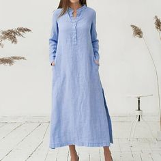 Season:Summer,Spring,Autumn,Winter,Fall; Fabric:Cotton Blend; Sleeve Length:Long Sleeve; Look After Me:Machine wash; Gender:Women's; Style:Comfort,Casual,Basic,Retro; Elasticity:Micro-elastic; Occasion:Home,Daily,Vacation; Age Group:Adults; Fit Type:Loose Fit; Dresses Type:Casual Dress,Cotton Linen Dress,Shirt Dress,A Line Dress; Pattern:Pure Color; Design:Pocket; Neckline:Stand Collar; Special Size:Plus Size; Front page:FF; 2023 Trends:2023; Bust:null; Length:; Shoulder Width:; Waist:; Fit US Size:null; Fit UK Size:null; Fit EU Size:null; Dress Length Type:Maxi long Dress Floryday Vestidos, Sukienki Plus Size, Button Shirt Dress, Maxi Shirts, Dress Stand, Womens Fall Dress, Cotton Linen Dresses, Vestidos Vintage, Long Shirt Dress