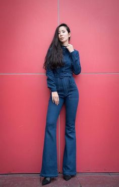 Women's Long Sleeve Denim Jean Jumpsuit/Overalls/Bodysuit High Waist Bell Bottoms pants/Playsuit/Mot Fitted Denim Overalls For Fall, Retro Fall Jeans For Office, Retro Workwear Jeans For Fall, Fitted Cotton Denim Jumpsuit For Fall, Chic Medium Wash Denim Jumpsuit With Long Sleeves, Vintage Denim Jumpsuit For Work, Chic Cotton Denim Jumpsuit For Fall, Fitted Blue Overalls For Fall, Chic Long Sleeve Cotton Denim Jumpsuit