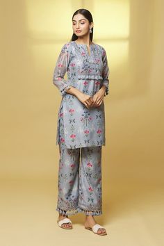 Shop for Kalakaari By Sagarika Grey Chanderi Flower Bloom Print Kurta With Pant for Women Online at Aza Fashions Traditional Georgette Pant Set For Eid, Traditional Pant Set With Printed Motifs For Wedding, Festive Printed Motifs Pant Set For Eid, Festive Pant Set With Printed Motifs For Eid, Traditional Wedding Pant Set With Printed Motifs, Traditional Chikankari Embroidery Pant Set In Georgette, Traditional Printed Pant Set For Eid, Bollywood Style Pant Set With Printed Motifs For Eid, Festive Traditional Pant Set With Printed Motifs