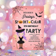 Halloween Birthday Invitation Girl Witch Halloween Birthday Party Spooktacular Birthday Halloween Costume Party Birthday Halloween Costume, Diy Birthday Invitations, Halloween Birthday Party, Halloween Birthday Invitations, Halloween Costume Party, Halloween Invitation, Canva App, Vintage Invitations, Gender Reveal Invitations