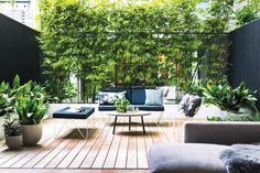 an outdoor living area with couches, tables and potted plants