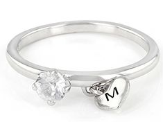 Pre-Owned 0.35ct Round White Zircon Rhodium Over Sterling Silver Heart Charm Initial "M" Ring. Measures Approximately 0.19"L x 0.19"W. Not Sizeable. .  This product may be a customer return, vendor sample, or on-air display and is not in its originally manufactured condition.  It may not be new.  In some instances, these items are repackaged by JTV. White Gold Heart Ring With Single Diamond, Vs Clarity Round Cut Initial Ring For Anniversary, Anniversary Initial Ring With Vs Clarity Round Cut, Silver Heart Cut Single Diamond Ring, Silver Heart Cut Ring With Single Diamond, Round Initial Ring With Prong Setting For Anniversary, Anniversary Initial Ring With Prong Setting, White Gold Initial Ring With Brilliant Cut For Promise, Anniversary Initial Ring With Brilliant Round Cut