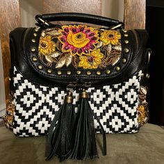 Black Leather With Beaded Flowers On Top And Sides. Has A Top Handle And Comes With A Detachable Shoulder Strap. Chic Black Embroidered Shoulder Bag, Mary Frances Bags, Mary Frances, Leather Purse, Beaded Flowers, Leather Purses, Top Handle, Shoulder Bags, Shoulder Strap