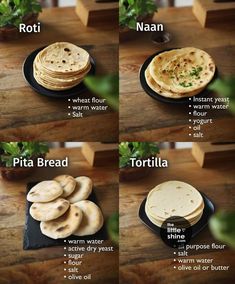 different types of flat breads on a wooden table