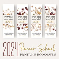 three bookmarks with flowers on them and the text, flower school printable bookmarks