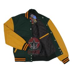 DETAILS OF JACKET The Classic Varsity Jacket Color: Forest Green / Gold Yellow Forest Green / Gold Yellow Rib on Neck, Wrist & Bottom/Hem Two External Side Pockets Exterior Sleeve: Cowhide Leather Interior: Polyester Quilted Lining / Two Internal Pockets Style: Classic Varsity Care: DRY CLEAN ONLY We can add custom embroidery, printing, or labels on these jackets as per the customer's demand. Additional charges apply. Winter Outdoor Varsity Jacket With Patchwork, Urban Windbreaker For College In Fall, Hooded Sport Coat For College In Fall, Fall Varsity Windbreaker With Pockets, Green Varsity Outerwear For College, Varsity Windbreaker With Pockets For Fall, Green Long Sleeve Varsity Jacket With Patchwork, Green Patchwork Varsity Jacket For Winter, Green Long Sleeve Patchwork Varsity Jacket