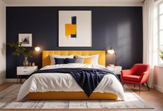 a bedroom with blue walls and white bedding, yellow headboard, orange chair