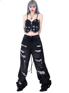 Edgy wide-leg jeans in black denim with extensive distressing and sheer mesh panel inserts. Features a high waist and relaxed fit through the legs. Raw, frayed hems add to the grunge aesthetic. Perfect for alternative fashion looks or making a bold statement at rock concerts and nightclubs. Material Info100% cotton Model info Height: 160cm Weight: 45kg Wearing size: M Taobao Brands, Punk Denim, Girl Punk, Jeans Material, Loose Pants, Quilted Bag, Denim Trousers, Grunge Aesthetic, Trouser Pants