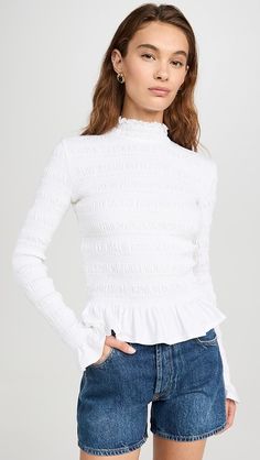 Merlette Kantor Jersey Top | Shopbop White Brand, India Fashion, Jersey Top, White Top, Ruffle Trim, White Tops, Mock Neck, Smocking, Fabric Weights