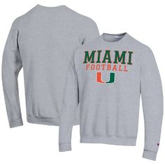 Stay warm while rooting for the Miami Hurricanes to score a touchdown with this Football Stacked sweatshirt. Made by Champion, it features team graphics printed on a blend of soft, durable fabrics. Fleece lining adds an extra layer of softness and cozy warmth to this Miami Hurricanes pullover. Miami Basketball, Athletics Logo, Pullover Designs, Grey Sweatshirt, Team Spirit, Heather Gray, Long Sleeve Pullover, Pullover Sweatshirt, Stay Warm