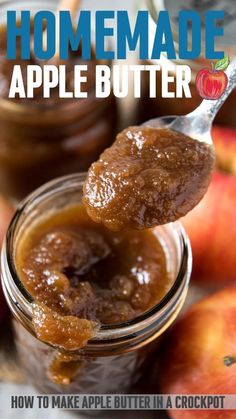 homemade apple butter on a spoon with apples in the background