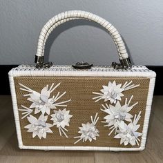 I Bought This New From Macys For $289 And Never Used It. Gorgeous Leather Flower Appliqus On From. White Wicker Is In Perfect Condition. Perfect Bag! I Also Have Some Matching Platform Heels Listed Separately. Size: 11.5”X 7.5”X 3” ***All Sales Are Final*** White Top Handle Box Bag With Original Box, White Shoulder Bag For Evening With Original Box, Designer White Square Bag, Designer White Square Bags, White Luxury Tote Box Bag, Luxury White Tote Box Bag, Designer White Rectangular Case Bag, Luxury White Rectangular Case Bag, Luxury White Rectangular Box Bag