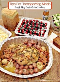 three pans filled with food sitting on top of a table