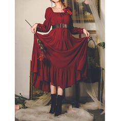 Wine red ball dance dress – remulia Red Evening Dress With Ruffle Hem, Red Ruffle Hem Evening Dress, Red Fitted Dress For Theater, Fitted Red Theater Dress, Fitted Red Dress For Theater, Red Long Sleeve Dress With Ruffle Hem, Red Ruffled Dress For Costume Party, Elegant Dresses With Ruffles For Dance, Elegant Ruffled Dresses For Dance