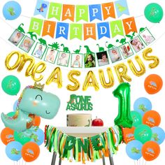 a dinosaur themed 1st birthday party with balloons and decorations