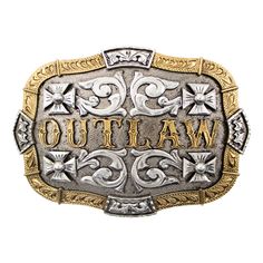 Product Details: Outlaw with square cross and scrolls design Antique gold and silver 2 3/4" H x 3 7/8" W Decorative border Rectangle Fits belts up to 1 3/4" wide Zinc Outlaws Mc, Cowboy Outfit, Western Designs, Cowboy Belt Buckles, Outlaw Country, Country Jewelry, Western Wear Outfits, Cowboy Outfits, Leather Carving