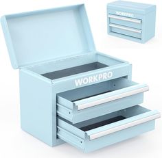 a blue box with three drawers and the word workpro written on it