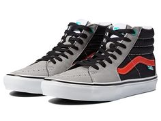 Vans Skate SK8-Hi(r) - Men's Shoes : (Lucid) Gray/Orange : Step that shoe game up a notch and skateboard with confidence in the Vans Skate SK8-Hi. These Vans are subtle but make a cool statement as they pair well with just about anything in the wardrobe. Grab that board and make incredible moves in style as these shoes also provide great support for the feet, allowing maximum performance. Cushioning and impact protection helps lessen leg fatigue for longer skate sessions. New molded heel counter Vans Sneakers Men, Vans Shoes Fashion, Long Skate, Vans Skateboard, Skateboard Shop, Vans Skate, Men's Vans, Swag Shoes, Sk8 Hi