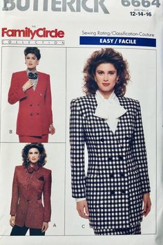 Vintage 1980's Butterick 6664 Misses' Jacket in size 12-16, bust 34-38 inches from  1988."Semi-fitted below hip jacket has shoulder pads, pockets and long two-piece effect sleeves with button trim." See 2nd photo for further details.Rated EasyThis pattern is uncut and complete with original factory folds. The pattern is in very good vintage condition.The envelope is creased from storage. *******************INSTANT SAVINGS******************Use the coupon code TAKE5OFF and get 5% off your purchase Jacket Sewing Pattern, Jacket Sewing, Costume Sewing Patterns, Jacket Pattern Sewing, Retro Jacket, Butterick Pattern, Butterick Sewing Pattern, Power Suit, Petite Jacket