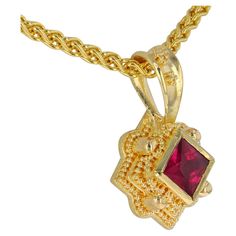 This is a very sweet and elegant Kent Raible pendant from his 'Tiny Treasures' collection, which is part of his limited edition 'Studio Collection'. Although much smaller than most of Raible's work, you see the fine detailing here. The way this piece is designed and constructed has all the Raible trademarks. First you have the lovely Princess cut Ruby bezel set with the attention to detail rarely seen - notice how the top of the gold around the bezel has had a sort of 'frame' cut into it to real Gold Ruby Necklace, Lingot D'or, Lovely Princess, Ruby Necklace, Tiny Treasures, Princess Cut, Semiprecious Stones, Precious Stones, Semi Precious