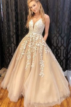 Lace Gown With Spaghetti Straps For Prom Season, Lace Gown With Spaghetti Straps For Prom, Cream Gown For Prom, Beige Ball Gown Dress For Prom, White Prom Gown With Sheer Bodice, Prom Gown With Lace Bodice And Spaghetti Straps, Cream Gown For Prom Season, Beige Gown With Fitted Bodice For Prom Season, Beige Gown With Fitted Bodice For Prom