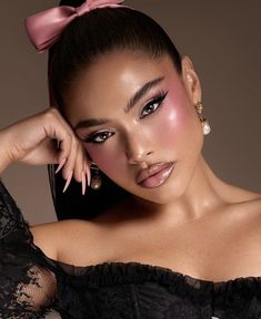 Makeup And Nails Photoshoot, Beauty Spot Makeup, Makeup Highlighter Aesthetic, Soft Pink Glam Makeup Looks, Pink Rosy Makeup, Romantic Pink Makeup, Glam Shoot Ideas, Over Blush Makeup, Dark Pink Makeup Looks