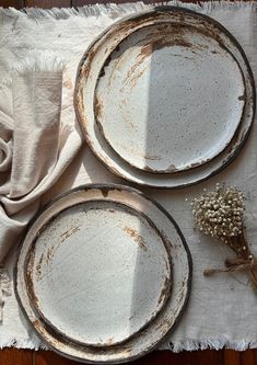 two dirty white plates sitting on top of a table