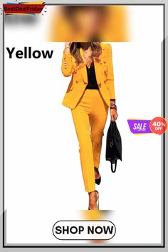 Women's Solid Color Office Outfits Work Blazer Jacket Pants Suit Set Formal Business Tailored Yellow Suit For Office, Yellow Tailored Suit For Office, Yellow Notch Lapel Suit For Work, Fitted Yellow Suits For Workwear, Fall Career Pantsuit, Yellow Notch Lapel Suits For Work, Yellow Pantsuit For Spring Workwear, Spring Yellow Pantsuit For Workwear, Yellow Spring Pantsuit For Workwear