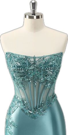 Blue Party Gown With Corset Back, Mermaid Gown For Wedding Party Season, Mermaid Wedding Gown For Party Season, Mermaid Evening Dress For Wedding Party Season, Elegant Mermaid Dress With Corset Back For Party, Green Mermaid Gown For Party, Banquet Mermaid Evening Dress With Fitted Bodice, Strapless Green Mermaid Party Dress, Fitted Bodice Mermaid Evening Dress For Banquet