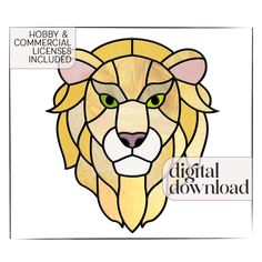 a lion head with green eyes and the words hobby & commercial license included on it